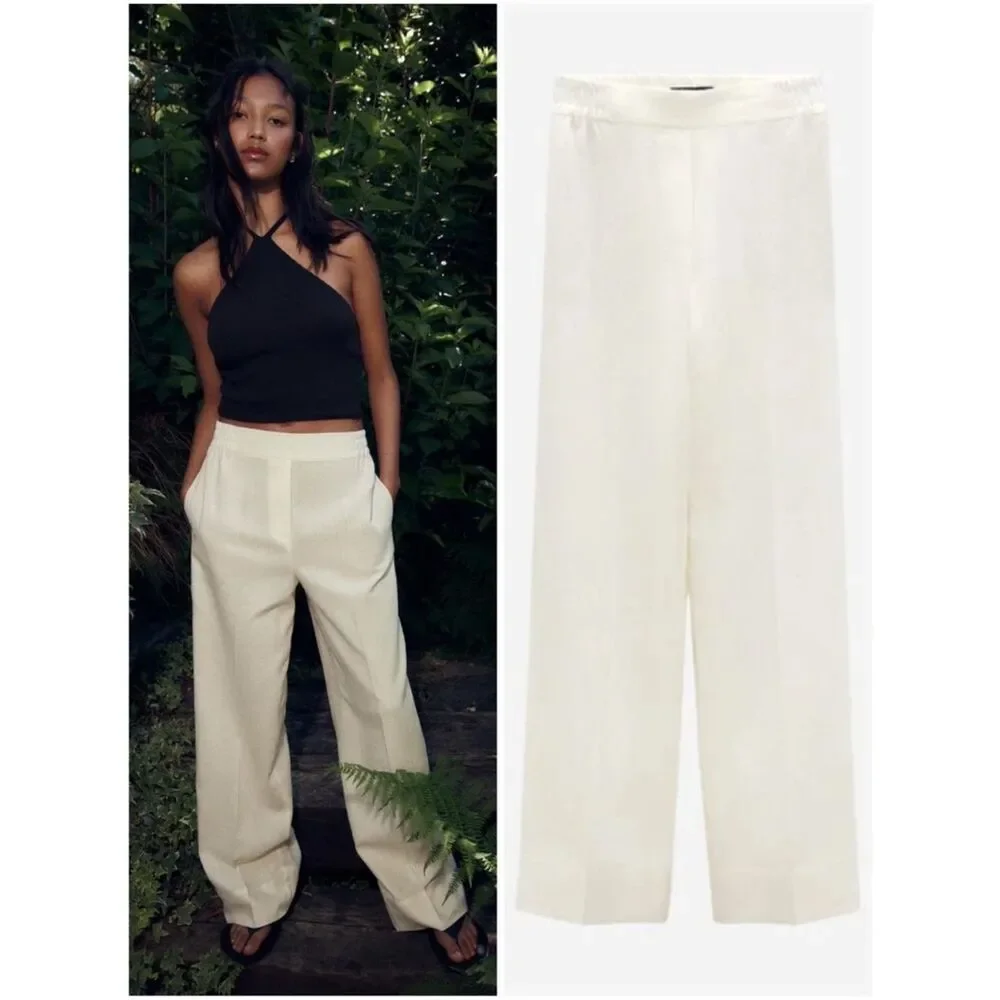 ZARA LINEN BLEND WIDE LEG PANTS ECRU